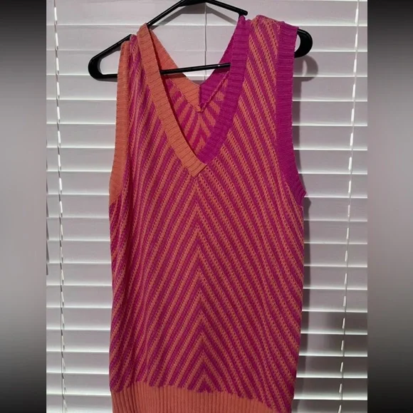 Cozy Boho Colorblock Sleeveless Knit Sweater Top Pink Orange - Picture 6 of 6